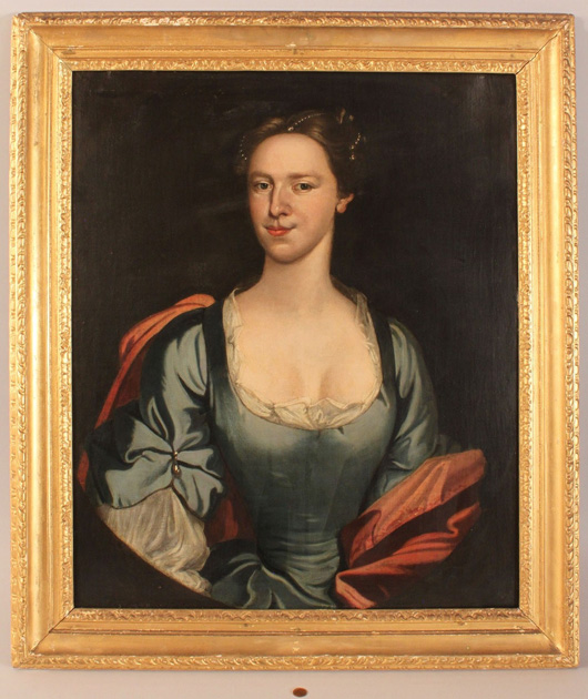 Portrait of a young woman in the style of 18th-century Maryland painter John Hesselius. Estimate: $1,000-$2,000. Image courtesy of Case Antiques.